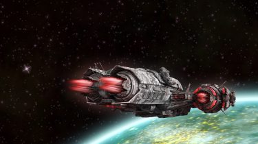 scifi image of a spaceship near an alien world