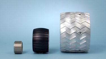 The side-by-side comparison of thee different wheels used on Mars rovers. From left-to-right, the wheel of the Sojourner rover, the wheel of the Mars Exploration Rovers, and the wheel of rovers like Curiosity and Perseverance