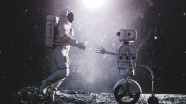 Robot and human in astronaut suit shaking hands on the lunar surface
