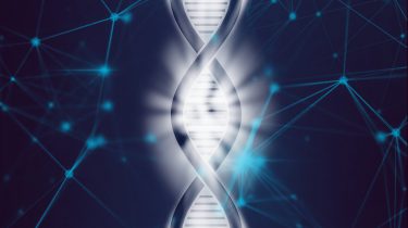 An illustration of DNA but with the molecule glowing and a background that shows linkages of molecules