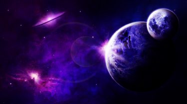 Artist's representation of a planet and a moon within a purple and blue nebula in space